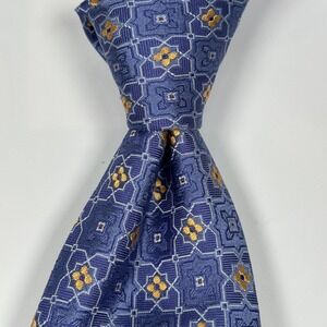 Canali Silk Tie Mens Blue Gold Geometric Floral Medallion Made Italy Classic XL